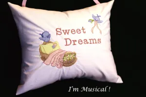 Baby Cradle & Bluebirds Music Box Pillow -- Personalized Embroidered MUSICAL Keepsake