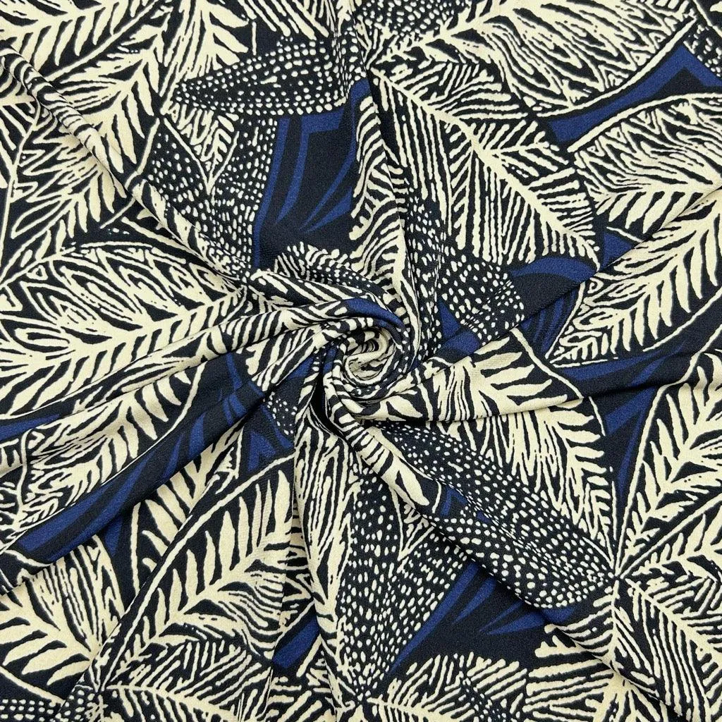 Beige Leaves on Navy Jersey Fabric