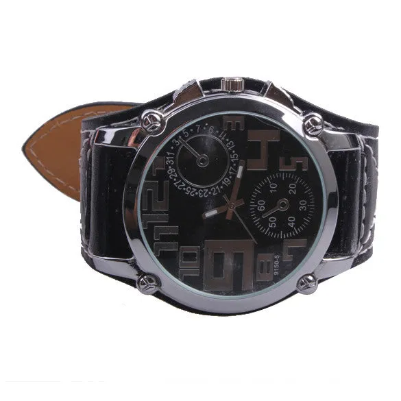 Big Round Dial Unique Cool Black Wide Artificial Leather Band Men's Quartz Watch For Boy Boyfriend Gift LL