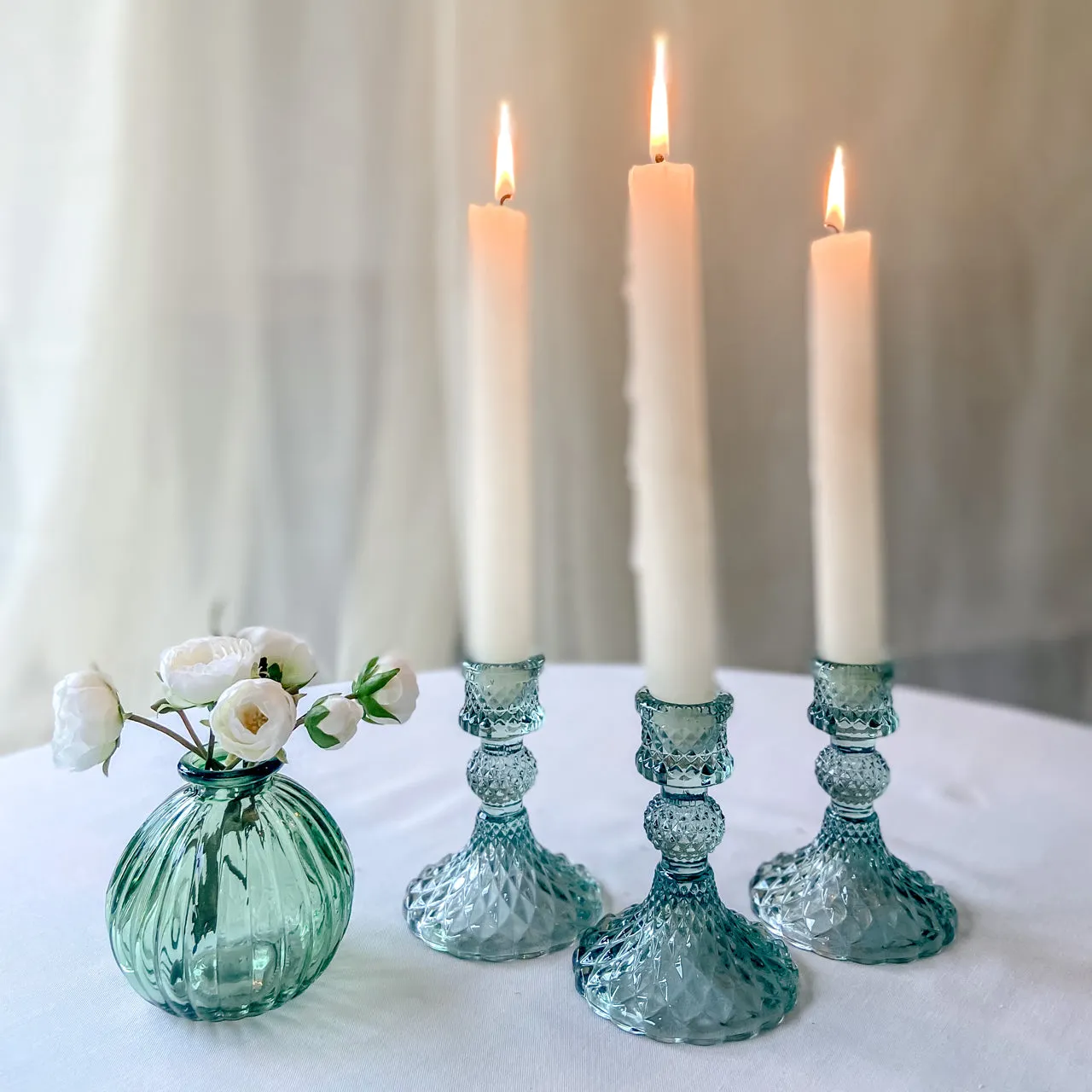 Coloured Pressed Glass Candlesticks - Green