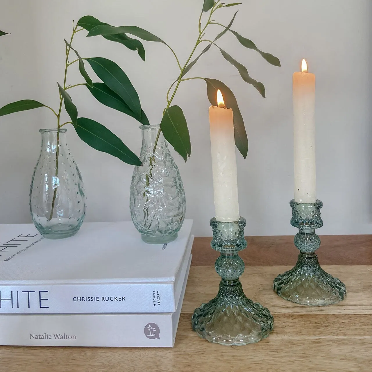 Coloured Pressed Glass Candlesticks - Green