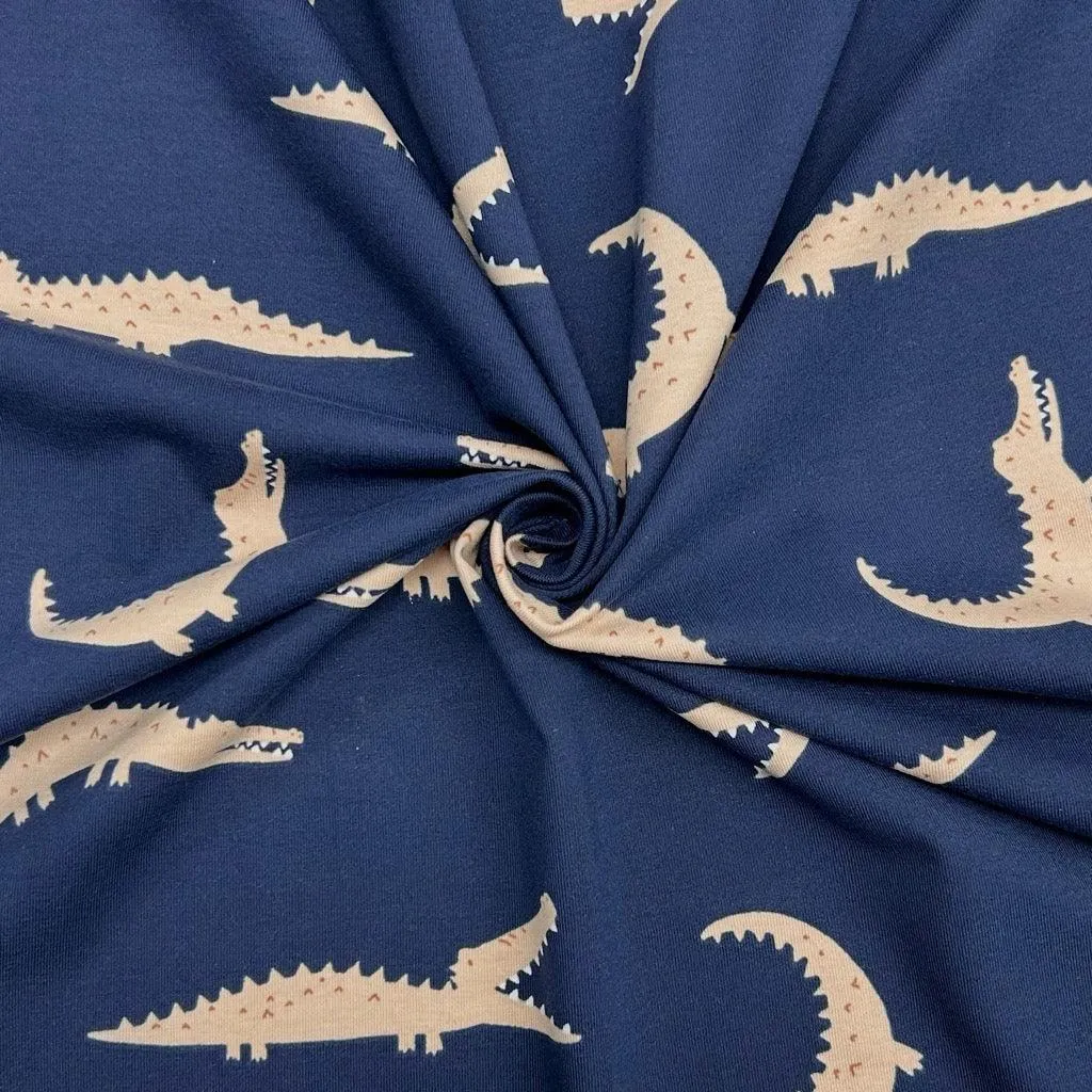 Crocodiles on Navy Cotton Jersey Fabric