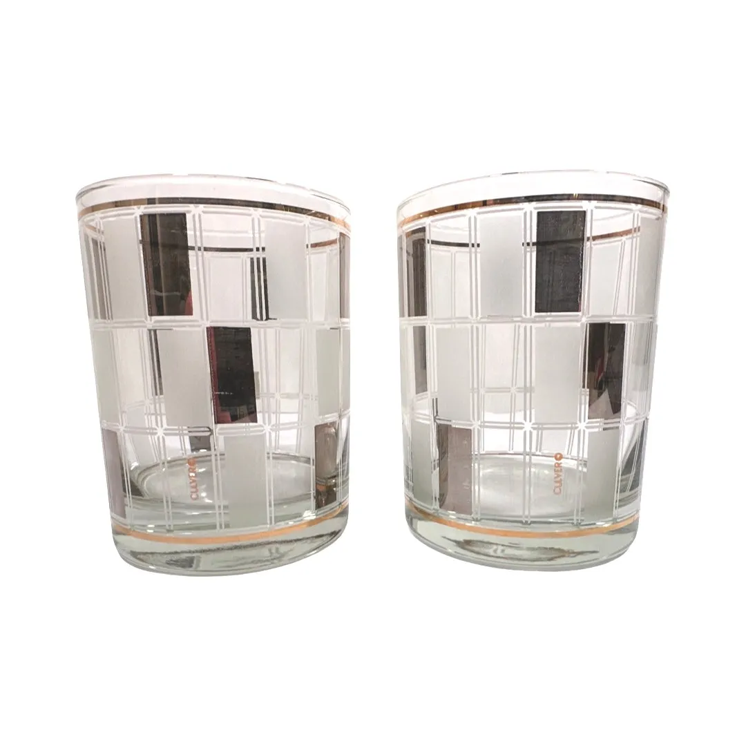 Culver Signed Mid-Century Silver Gold and Frosted Double Old Fashion Glasses (Set of 2)