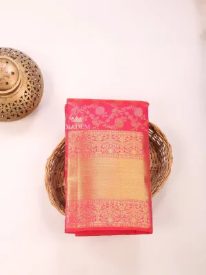 Dark Pink Pure Kanchipuram (Bridal) Silk Saree with Floral Motif on the body and Zari Border