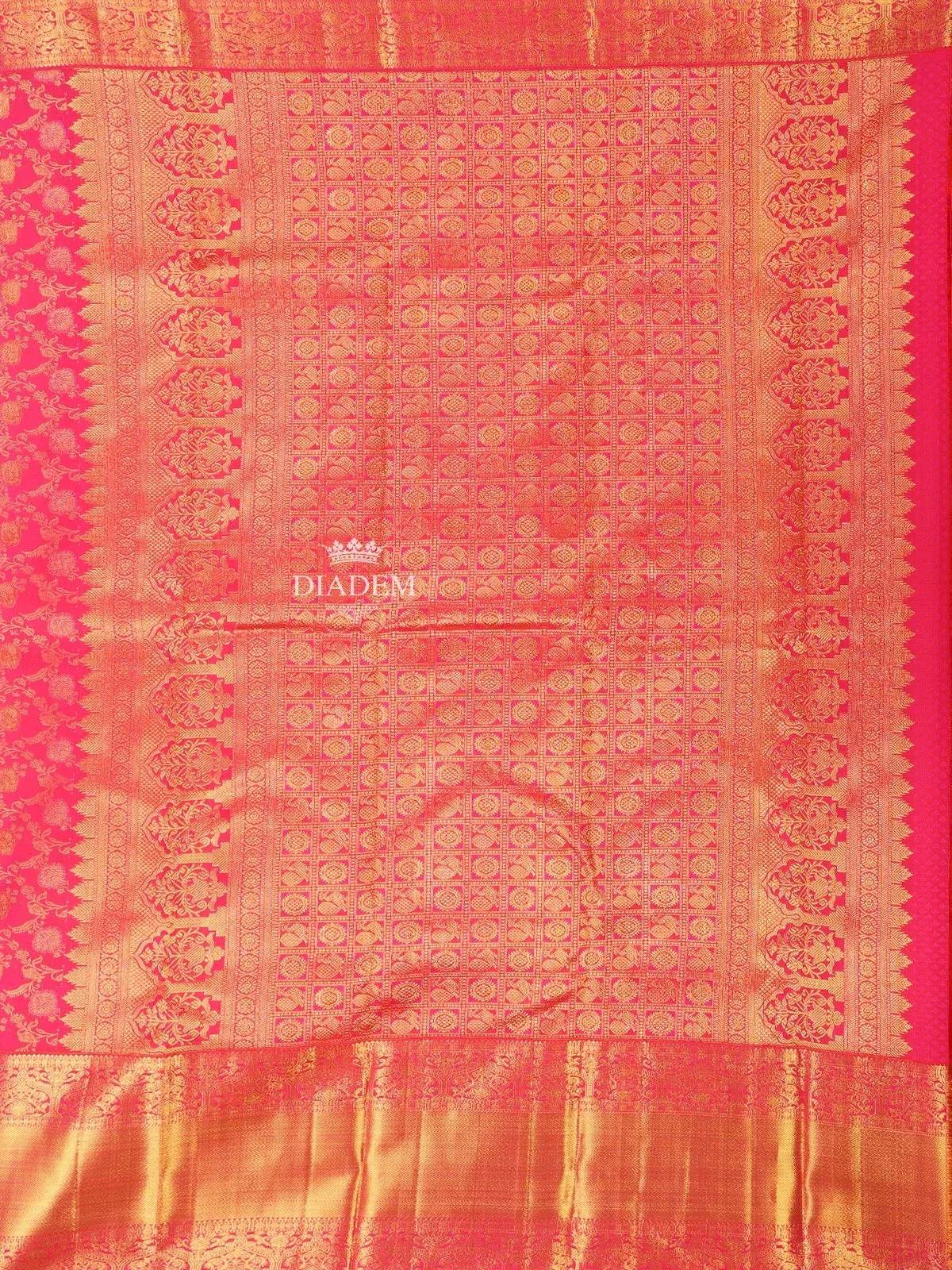 Dark Pink Pure Kanchipuram (Bridal) Silk Saree with Floral Motif on the body and Zari Border