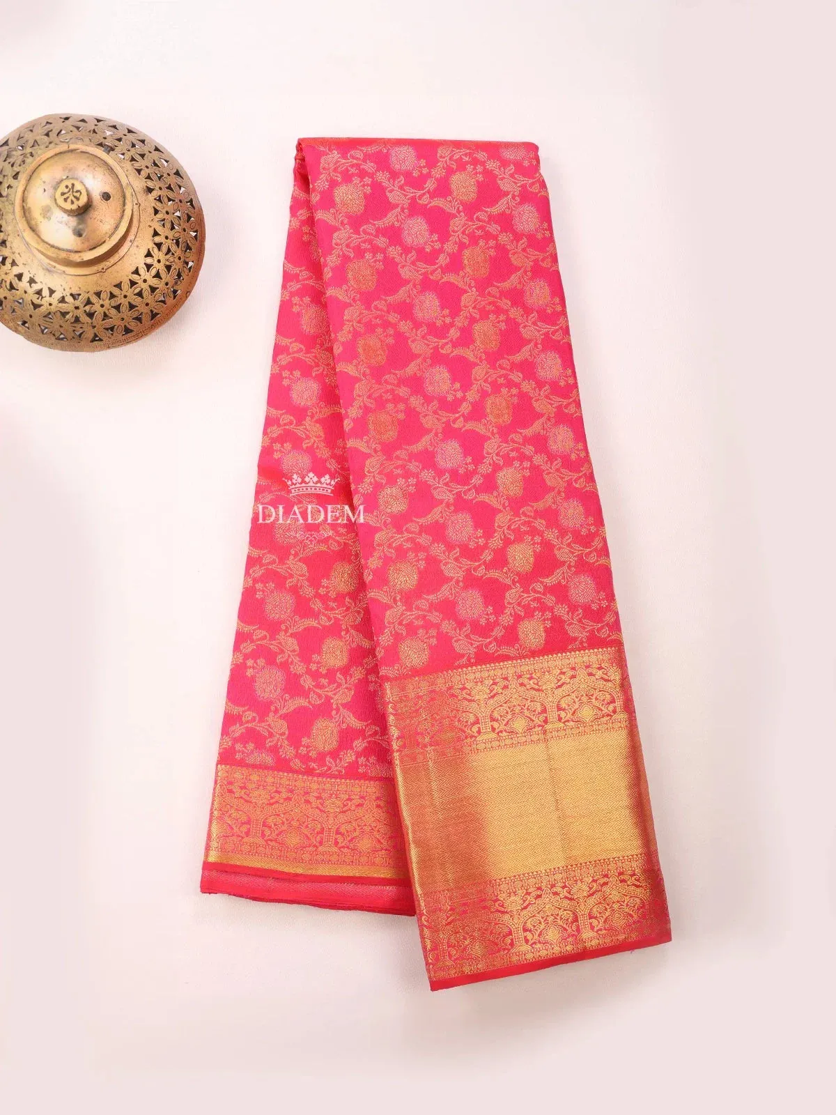 Dark Pink Pure Kanchipuram (Bridal) Silk Saree with Floral Motif on the body and Zari Border