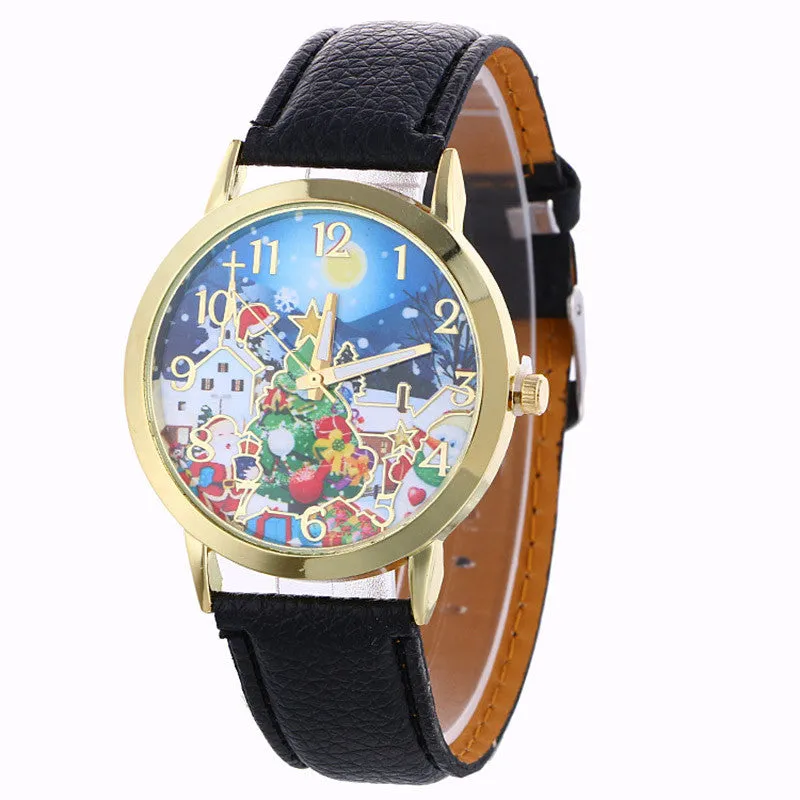 Girl Quartz Watch Clock Women Leather Casual Dress Women's Christmas Snowflake Wristwatch Cool Watches Unique Watches Gift Idea