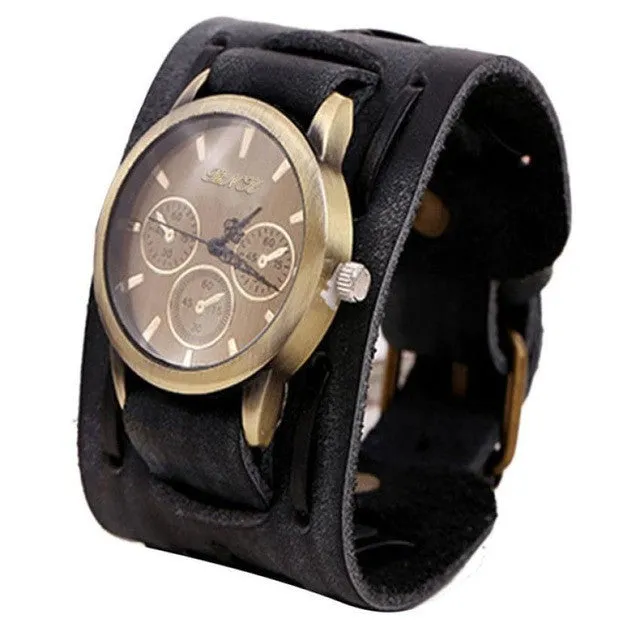 Hot Unique New Style Retro Punk Rock Brown Big Wide Leather Bracelet Cuff Men Watch Cool Drop Shipping F20