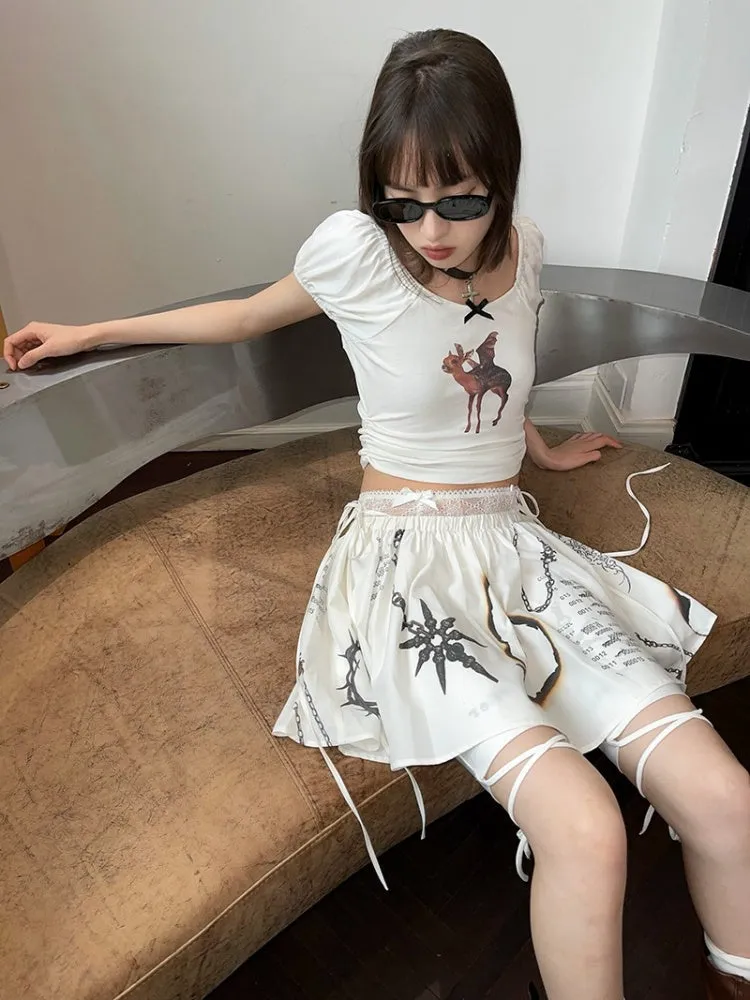 Lace Ribbon Stitch Devil Deer Print Short Leggings【s0000003883】