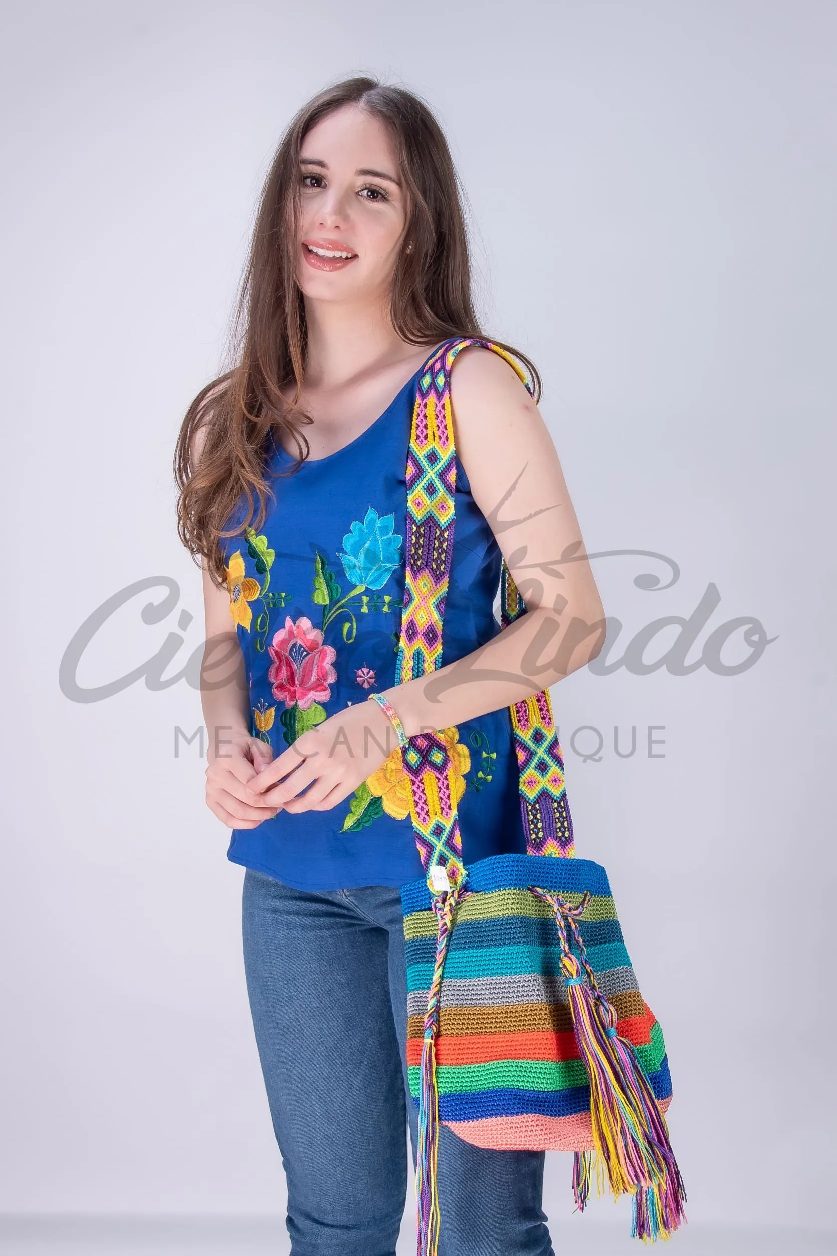 Mexican Floral Embroidered Top Royal Blue