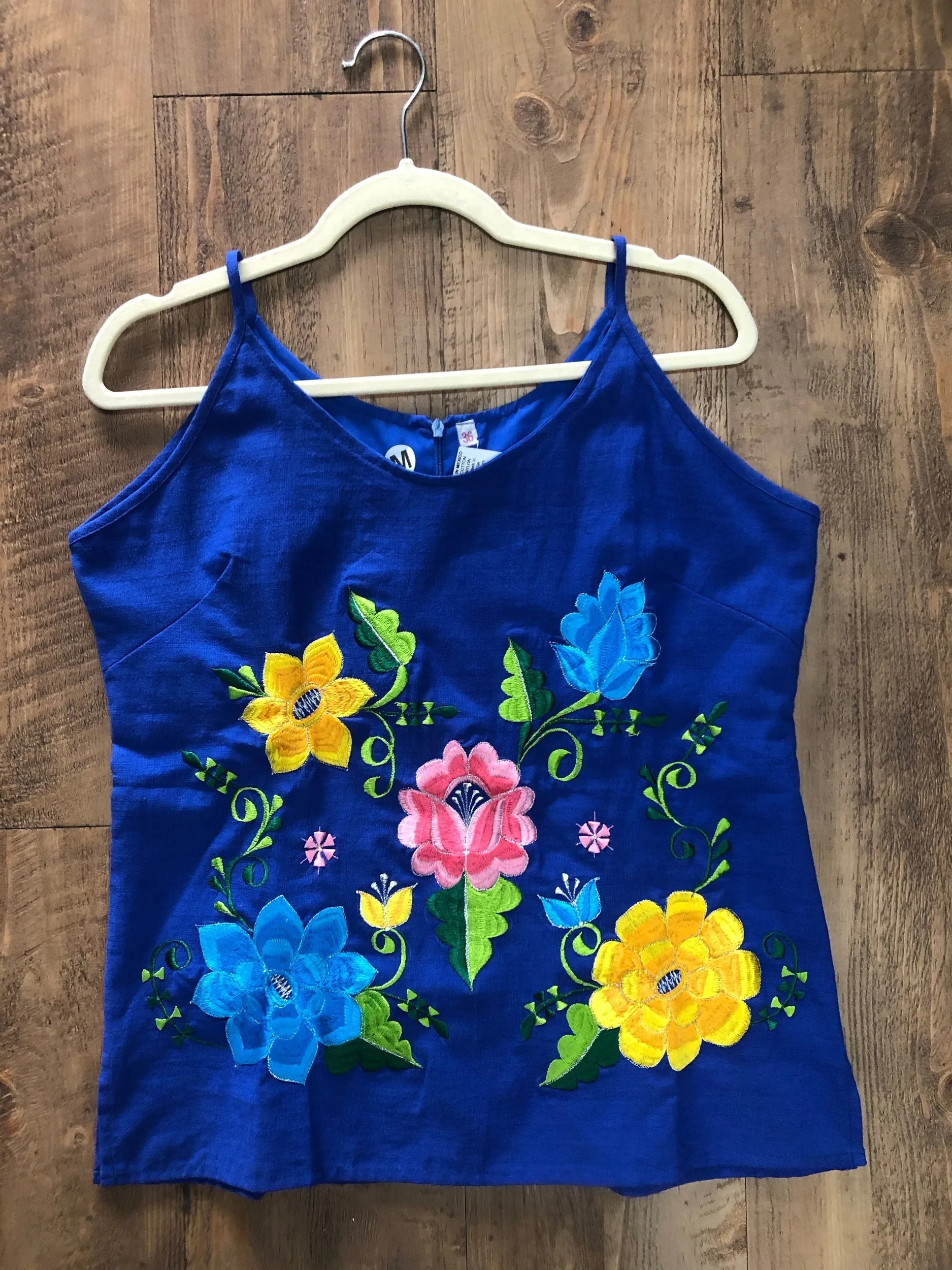 Mexican Floral Embroidered Top Royal Blue