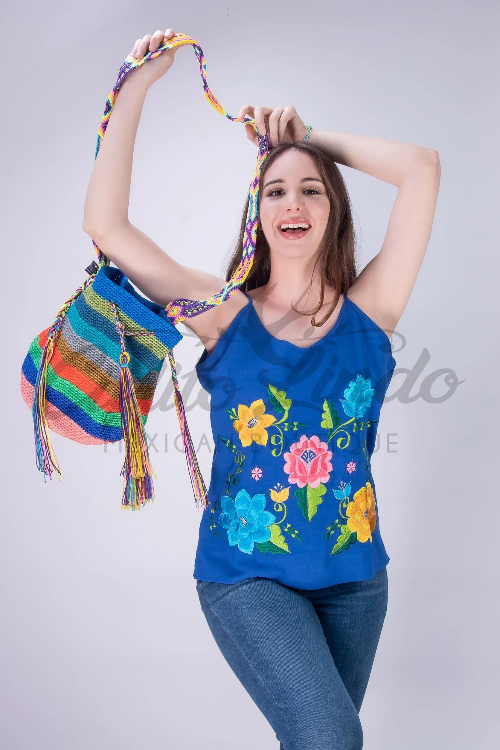 Mexican Floral Embroidered Top Royal Blue