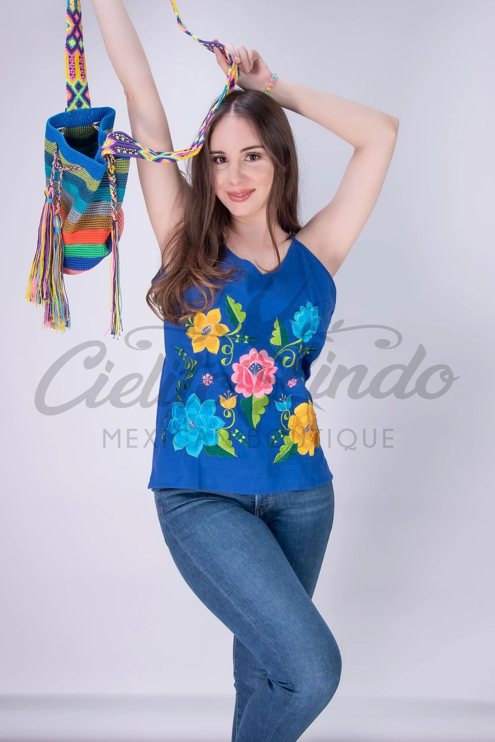 Mexican Floral Embroidered Top Royal Blue