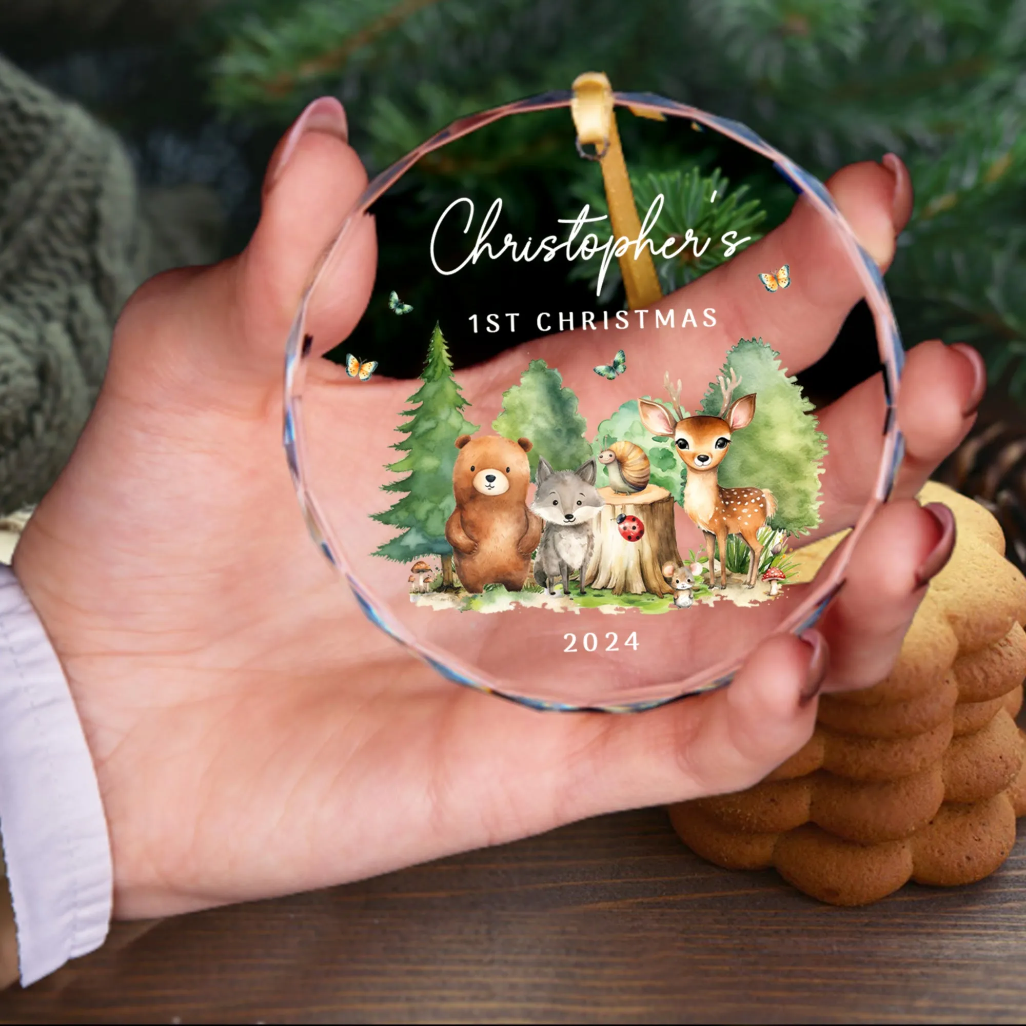 Personalized Baby's First Christmas Woodland Creatures Glass Ornament, Personalized Baby Deer Ornament, Holiday Keepsake Ornament, New Baby Gift, 2024 Custom Baby Ornament GX02-18