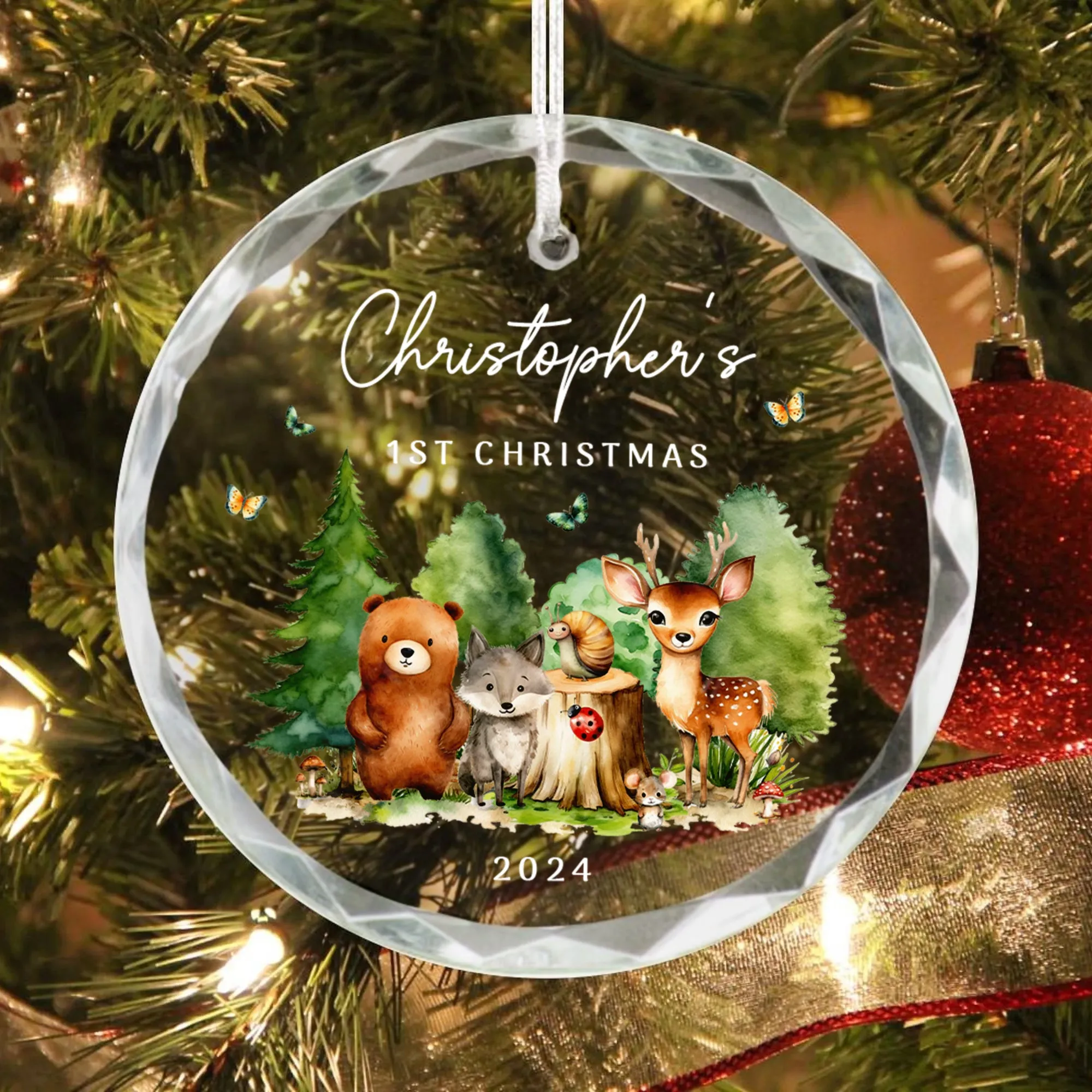 Personalized Baby's First Christmas Woodland Creatures Glass Ornament, Personalized Baby Deer Ornament, Holiday Keepsake Ornament, New Baby Gift, 2024 Custom Baby Ornament GX02-18