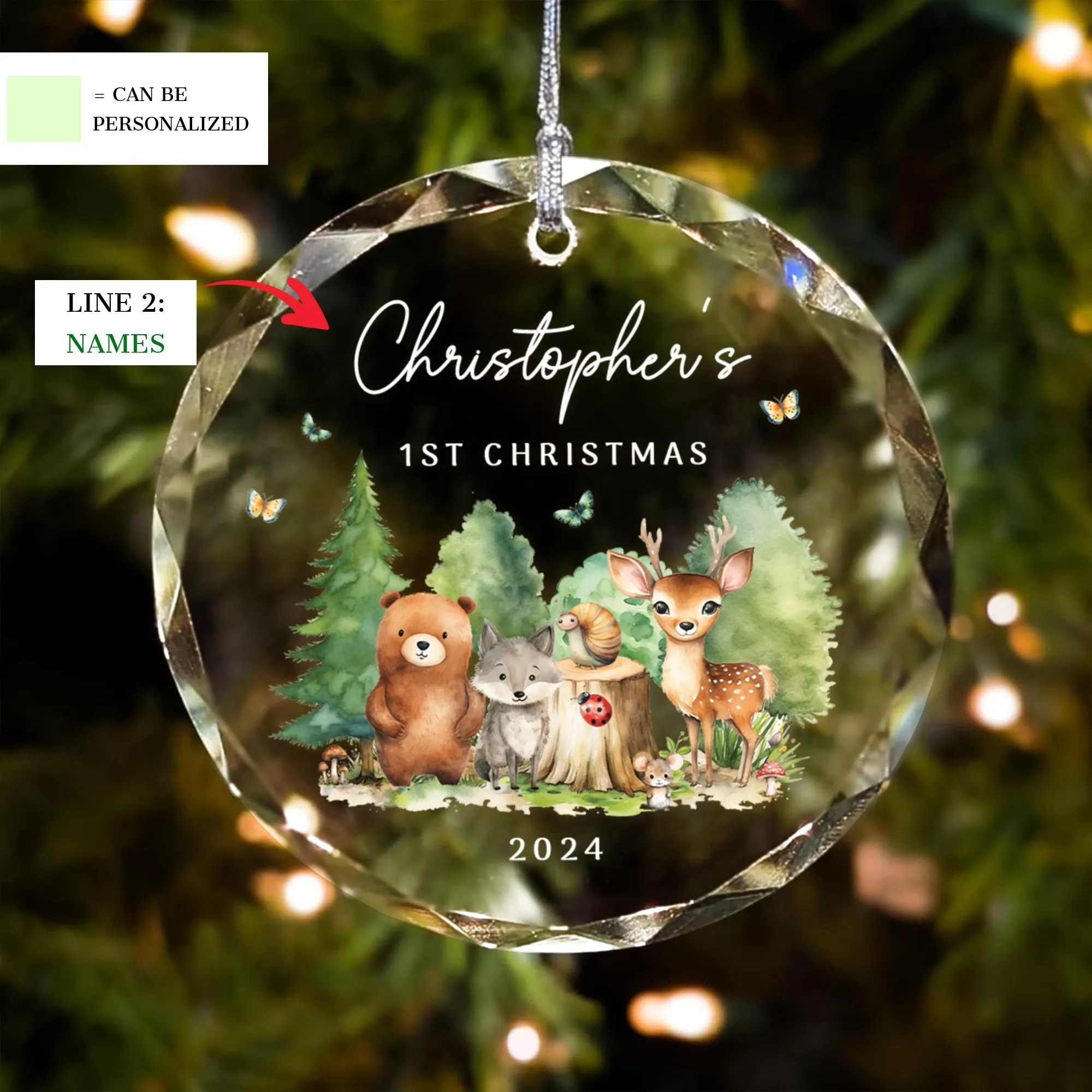 Personalized Baby's First Christmas Woodland Creatures Glass Ornament, Personalized Baby Deer Ornament, Holiday Keepsake Ornament, New Baby Gift, 2024 Custom Baby Ornament GX02-18