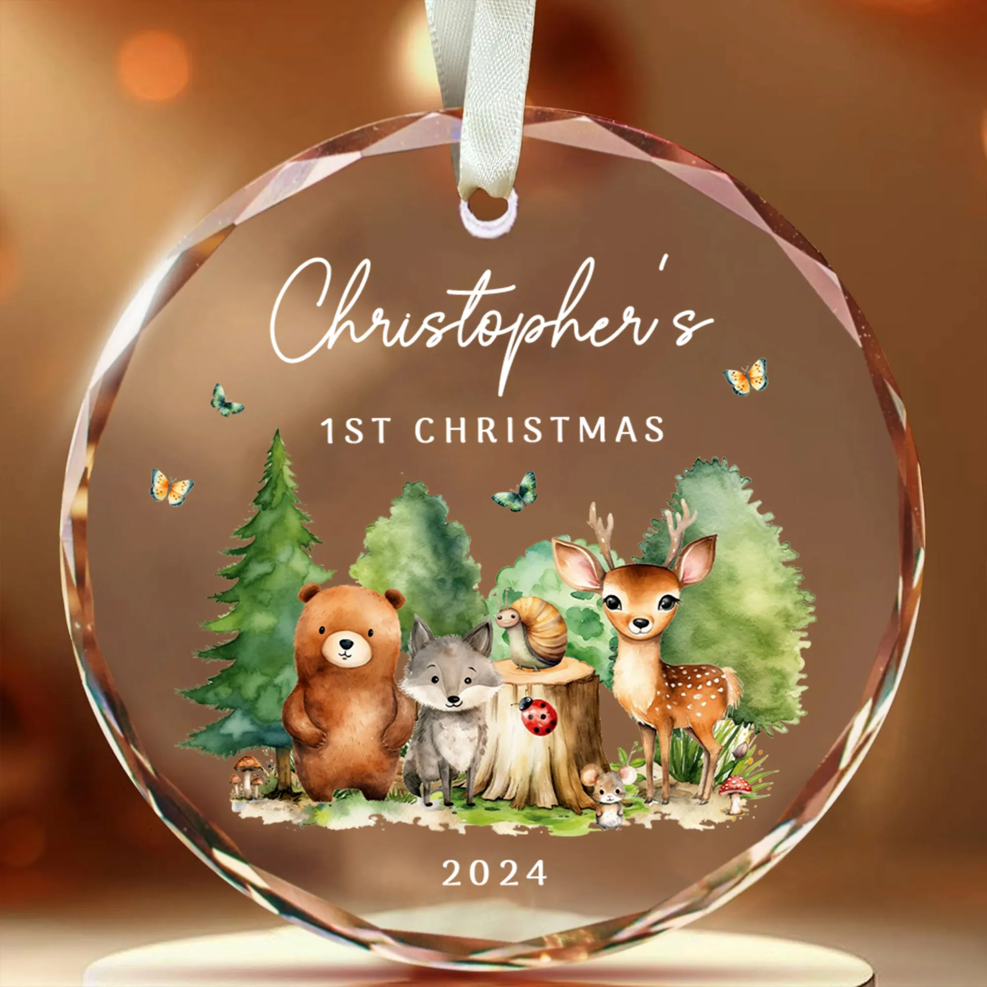 Personalized Baby's First Christmas Woodland Creatures Glass Ornament, Personalized Baby Deer Ornament, Holiday Keepsake Ornament, New Baby Gift, 2024 Custom Baby Ornament GX02-18