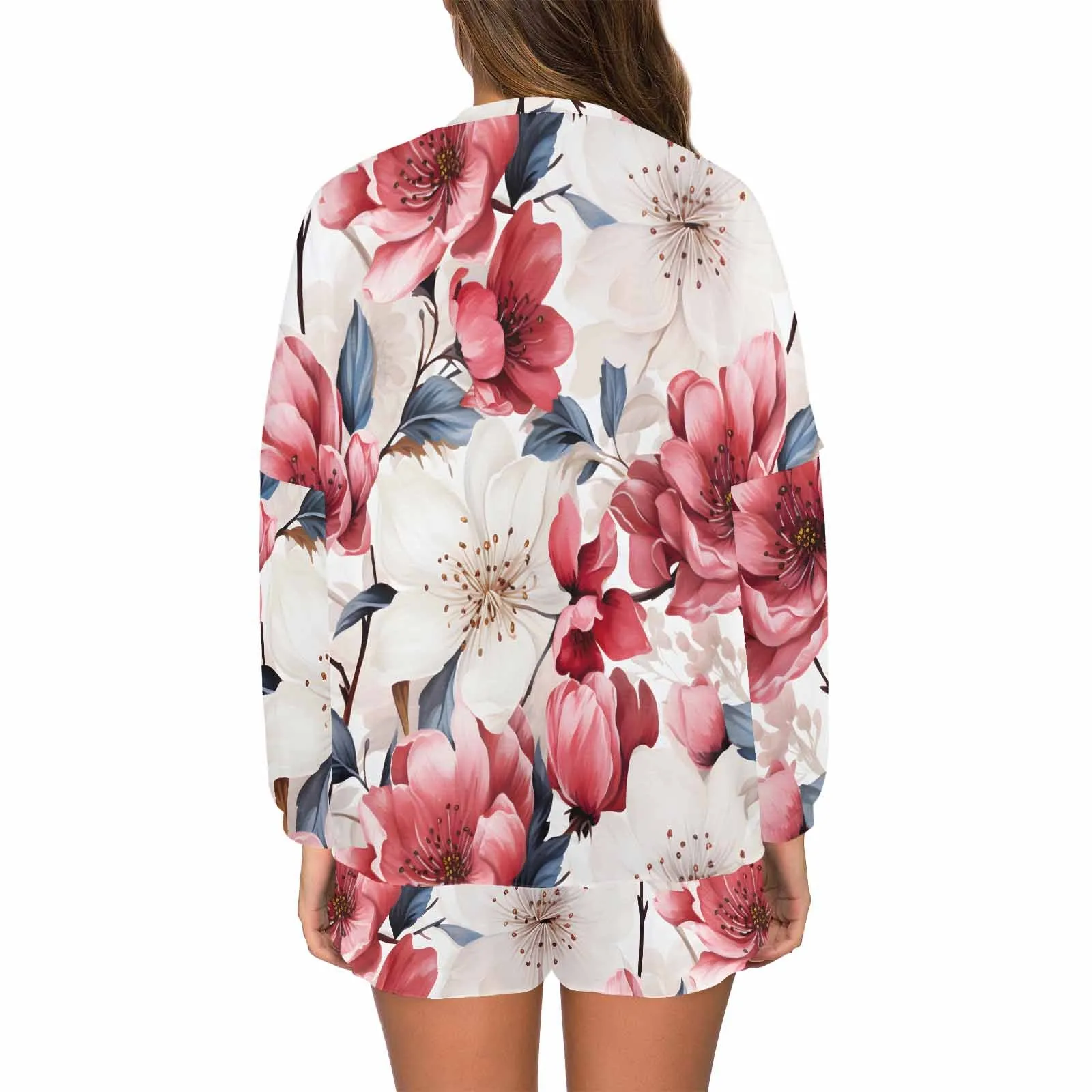 Pink Floral Small  Women's Long Sleeve Pajama Set with Shorts