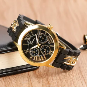 Unique Cool Steampunk Women Watches Silicone Bracelet Quartz Watch Ladies Roman Numbers Gold Case Wrist Watch Girl Relojes