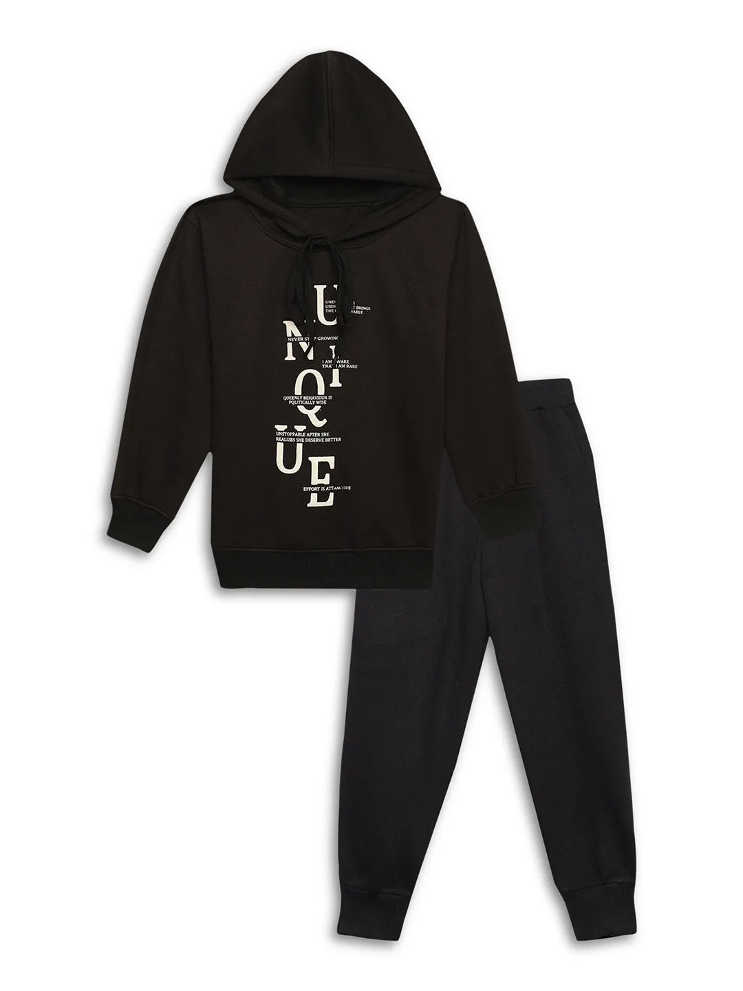 Vimal Jonney Black Printed Hooded Cotton Fleece Tracksuit Co-ord Set for Kids