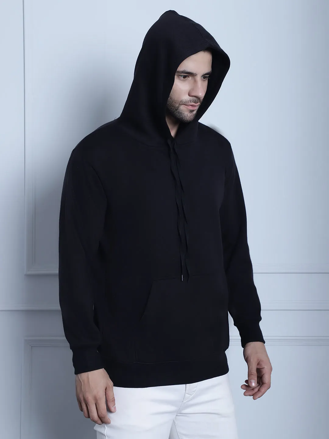 Vimal Jonney Black Solid Hooded Cotton Fleece Sweatshirt for Men