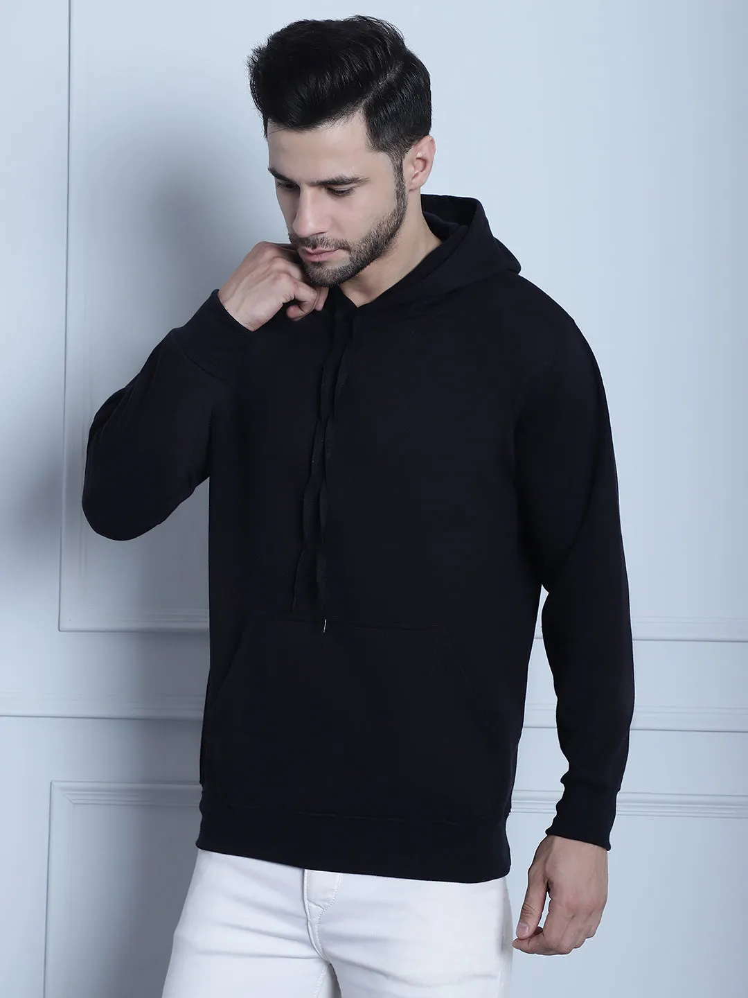 Vimal Jonney Black Solid Hooded Cotton Fleece Sweatshirt for Men