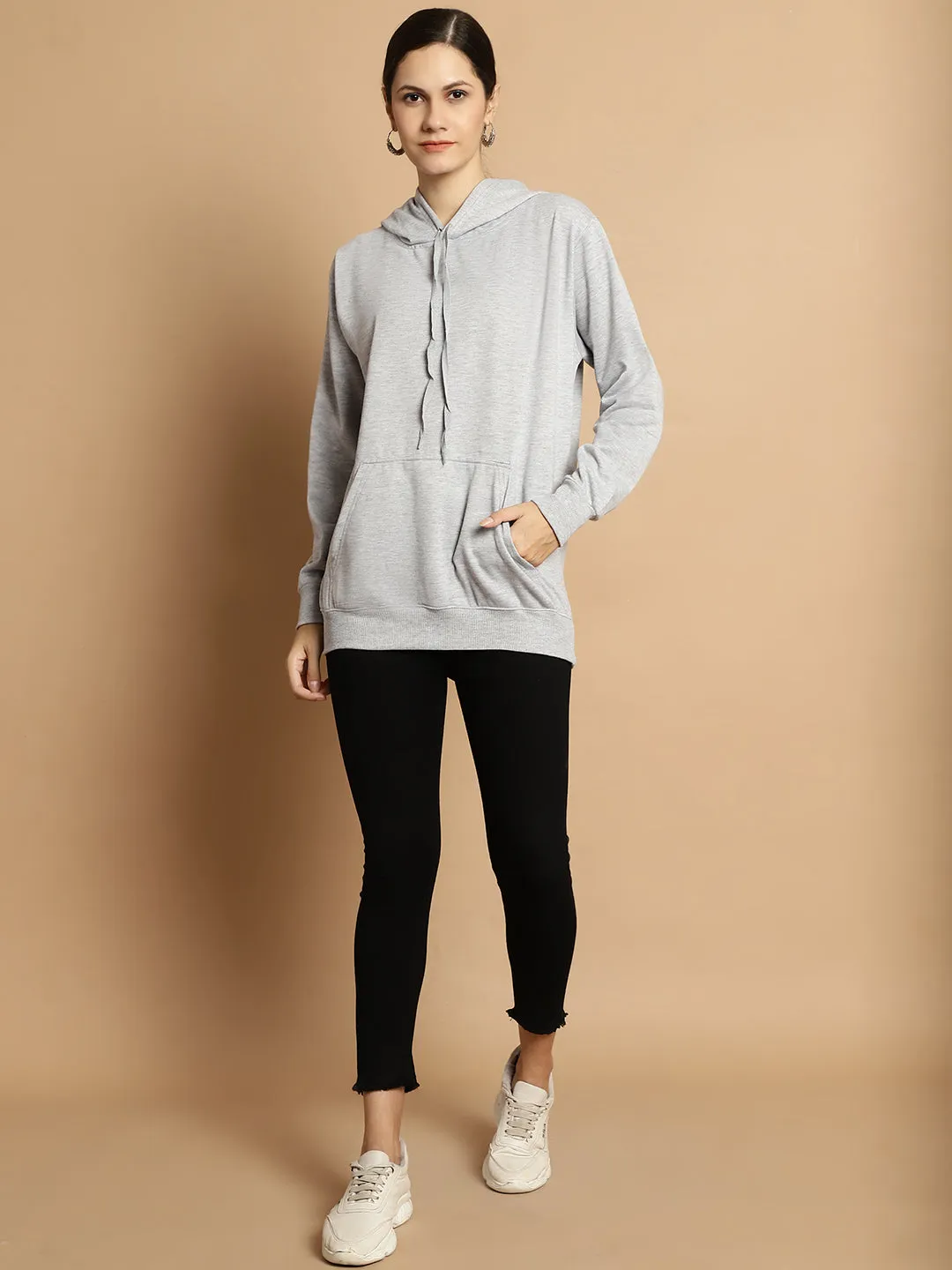 Vimal Jonney Grey Melange Solid Hooded Cotton Fleece Sweatshirt for Women