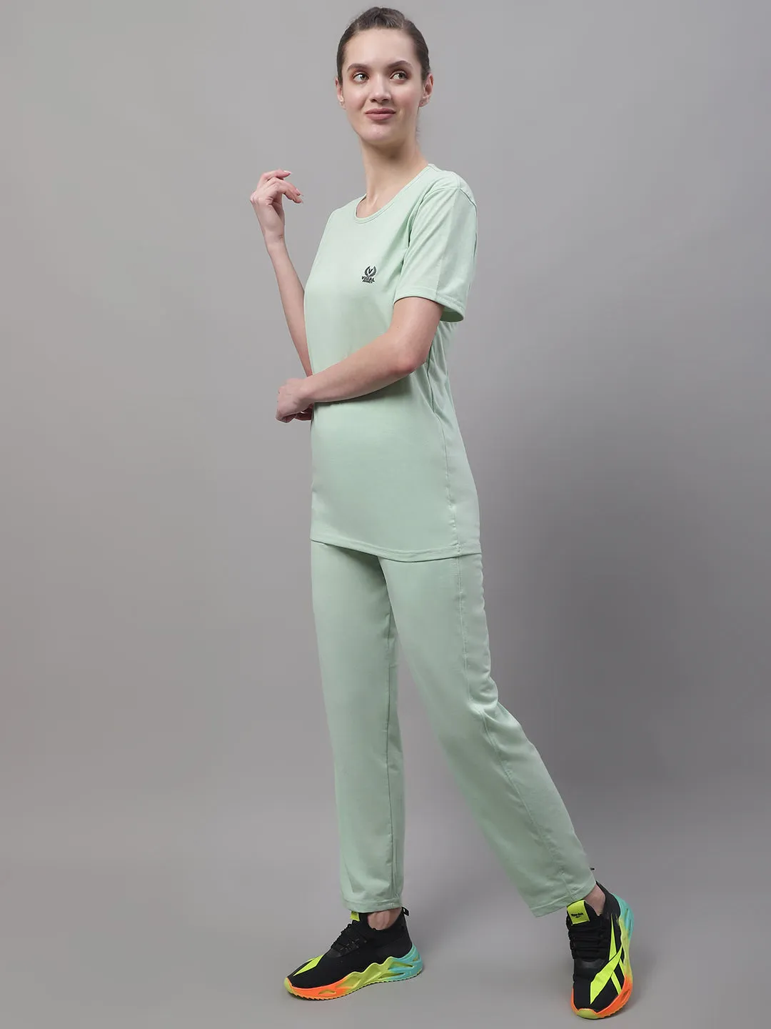 Vimal Jonney Light Green Cotton Solid Co-ord Set Tracksuit For Women