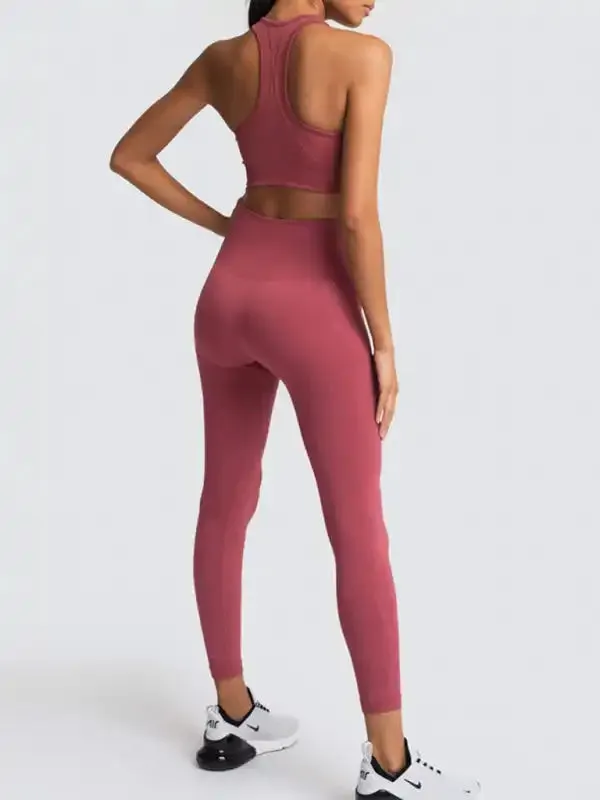 Women’s Beautiful Back High Waist Peach Hip Seamless Knitted Vest Trousers Two-piece Set