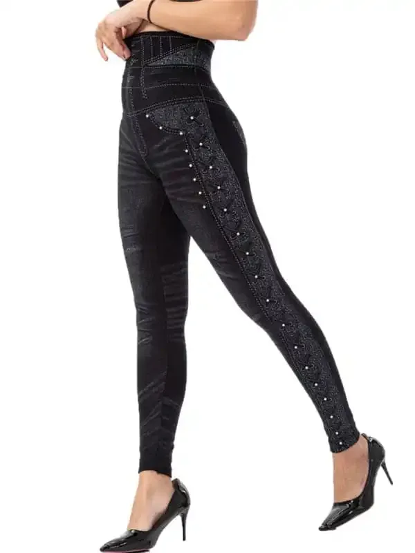 Women’s Solid Color High Waist Studded Waist Detail Pull On Leggings