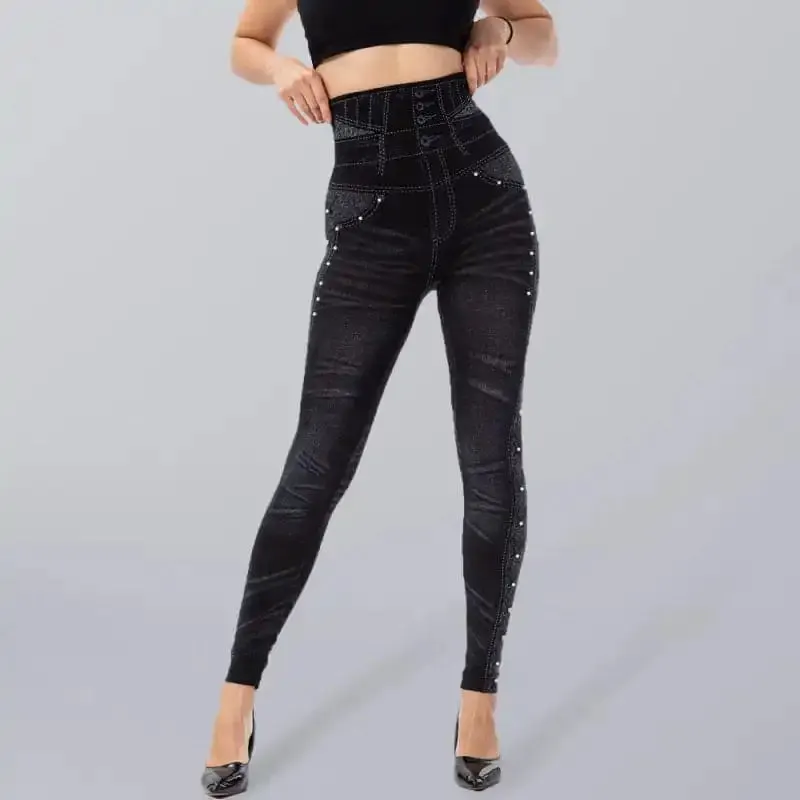 Women’s Solid Color High Waist Studded Waist Detail Pull On Leggings