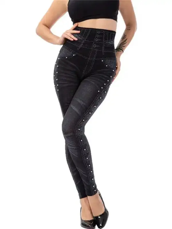 Women’s Solid Color High Waist Studded Waist Detail Pull On Leggings