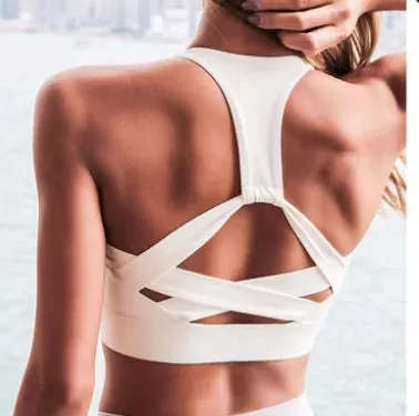 Women's White Strap Push-Up Sports Bra Gym Yoga Athletic Vest